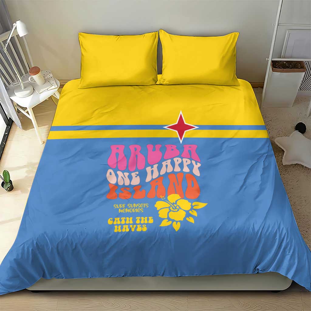 Blue duvet cover and two yellow pillowcases with red star stripe and colorful text graphics