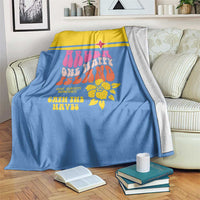 Blue and yellow beach graphic throw blanket with red star and coral-themed print