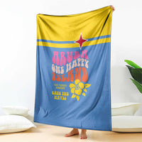 Blue beach graphic throw blanket with yellow top panel, red star, and sea-themed artwork