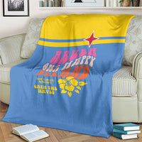 Blue beach graphic throw blanket with yellow band, red star, and colorful crab artwork