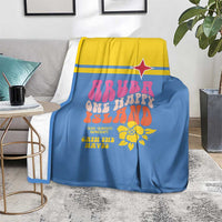 Blue and yellow beach throw blanket with red star and sea sunset-themed graphic