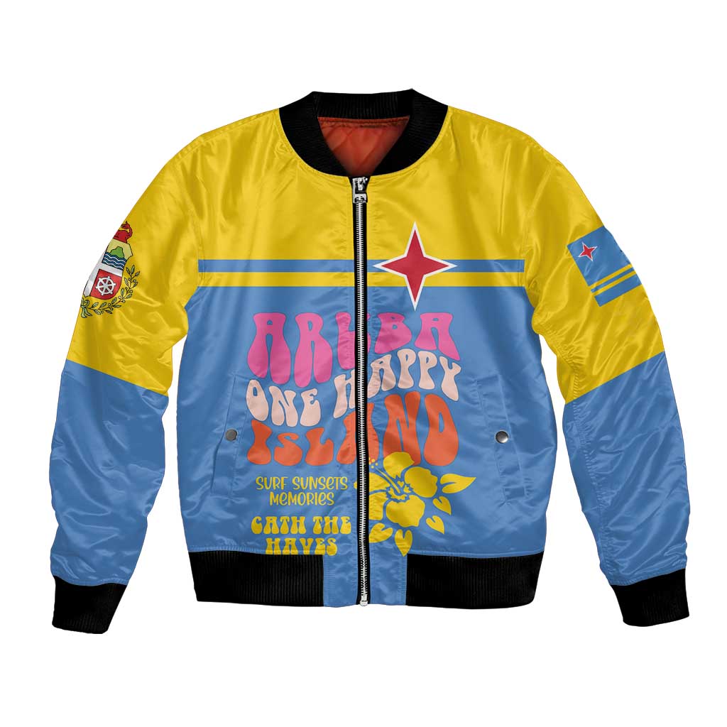 Bomber jacket with yellow and blue satin, front zip, ribbed collar and cuffs, graphic front