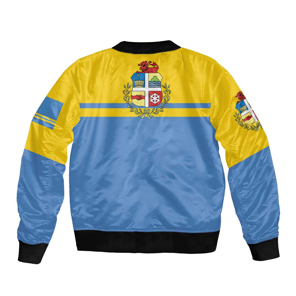 Bomber jacket in yellow and blue with back crest, stripe accents, ribbed collar and cuffs
