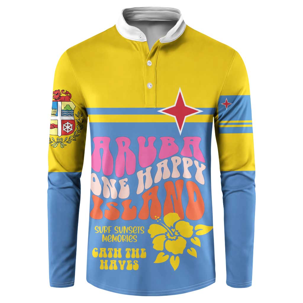 Yellow and blue button sweatshirt with colorful tropical text and star graphic