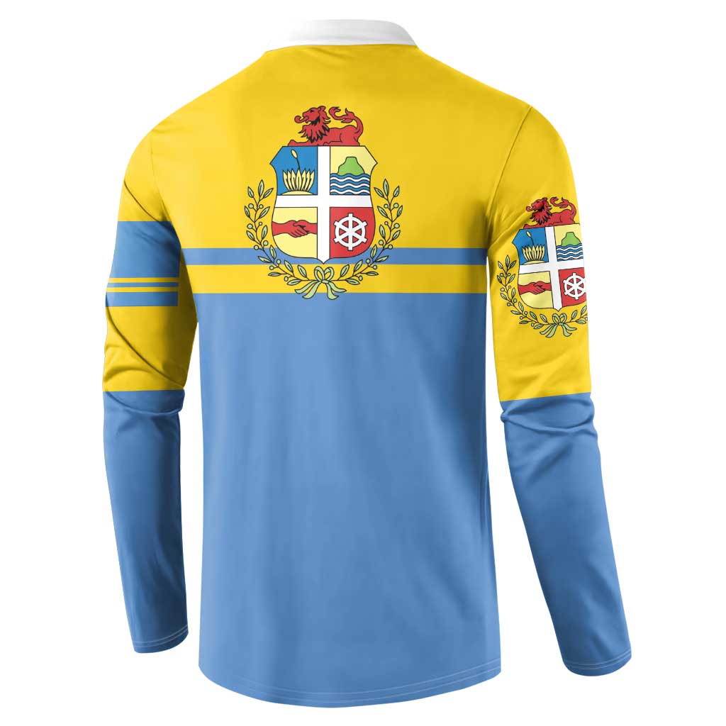 Yellow and blue button sweatshirt back with coat-of-arms crest and laurel emblem