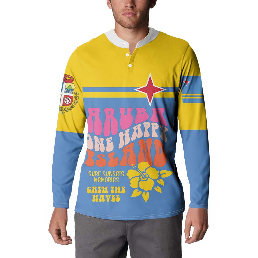 Yellow and blue henley sweatshirt with star and tropical slogan graphic on front