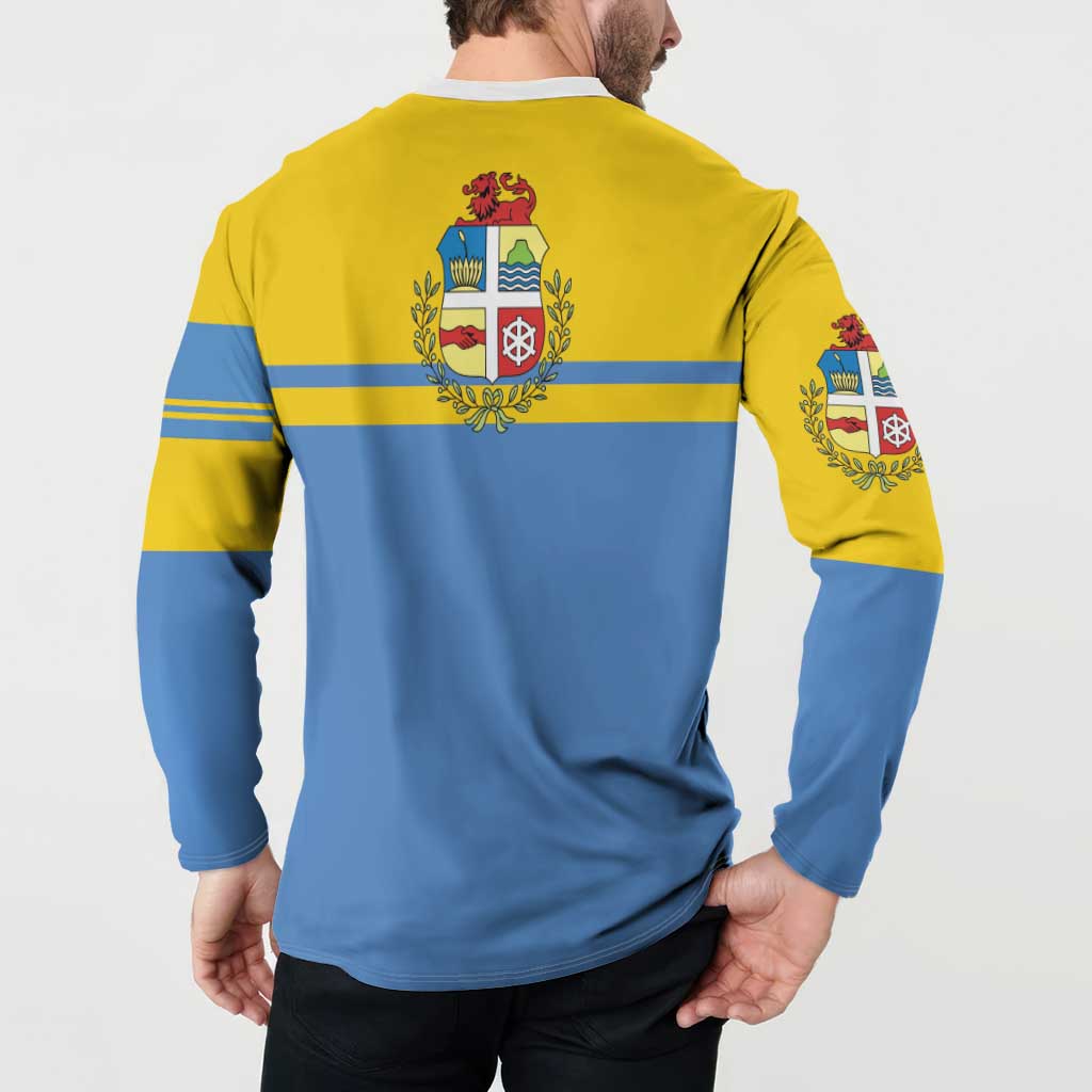 Yellow and blue button sweatshirt back view with crest emblem and laurel stripe