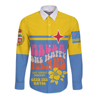 Unisex long-sleeve button shirt, yellow/blue colorblock with star and tropical print