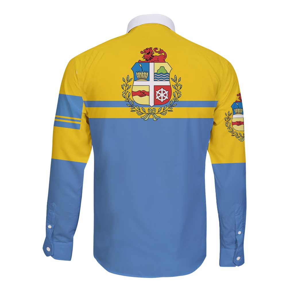 Unisex long-sleeve button shirt, yellow and blue with back crest and stripes