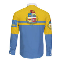 Unisex long-sleeve button shirt, yellow and blue with back crest and stripes
