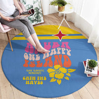 Blue round surf-themed carpet with yellow border stripe and red star