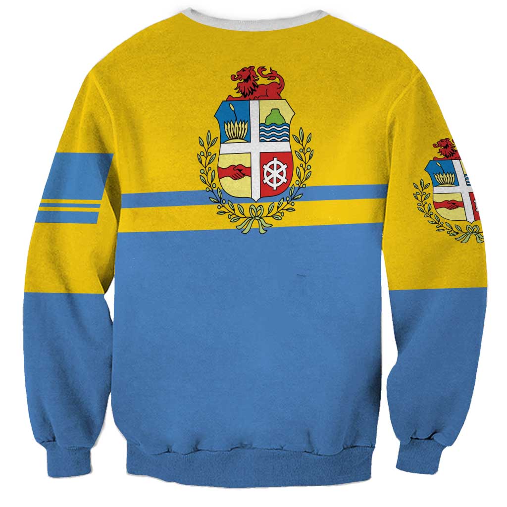 Unisex Aruba sweatshirt, yellow and blue striped back with coat-of-arms crest and sleeve details