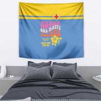 Hanging tapestry: blue background with yellow stripe, pink star, and floral island graphic