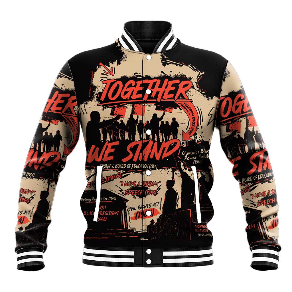 Black and tan graphic varsity baseball jacket with striped ribbed collar and hem