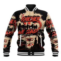Black and tan graphic varsity baseball jacket with striped ribbed collar and hem