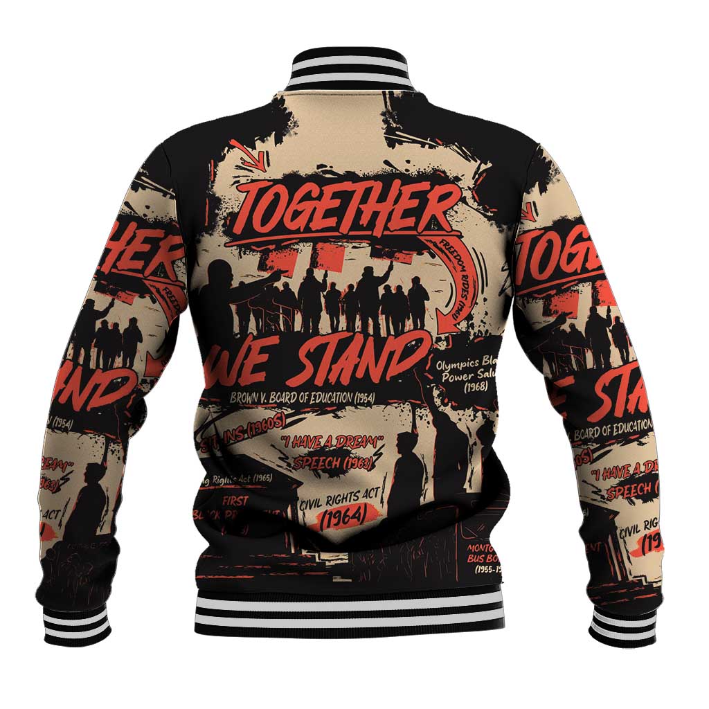 Black and tan graphic varsity baseball jacket, striped ribbed collar and cuffs