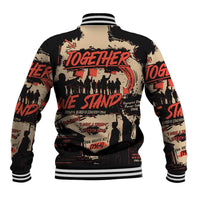 Black and tan graphic varsity baseball jacket, striped ribbed collar and cuffs