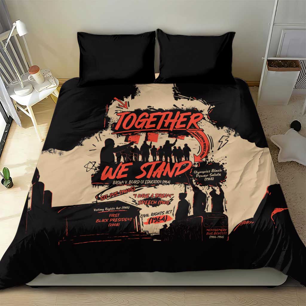 Black bedding set featuring “Together We Stand” graphic on cream panel with two pillows