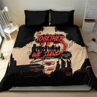 Black bedding set featuring “Together We Stand” graphic on cream panel with two pillows