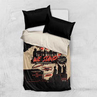 Black and cream bedding set with “Together We Stand” graphic duvet and two black pillowcases