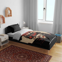 Black bedding set with “Together We Stand” artwork on comforter and two black pillows