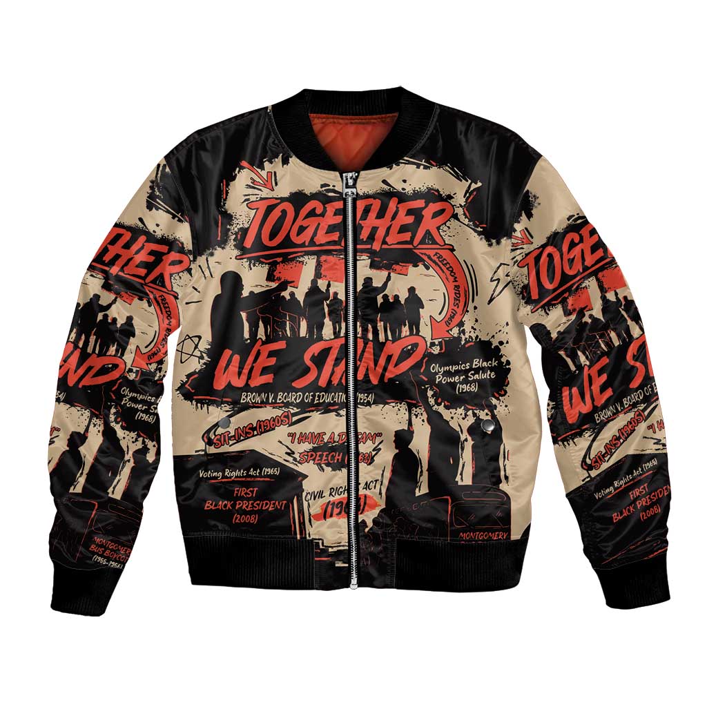 Black bomber jacket with ribbed trim, zipper front, and Together We Stand graphic; red lining.