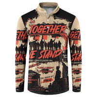 Black and beige button sweatshirt with large Together We Stand graphic, long sleeves