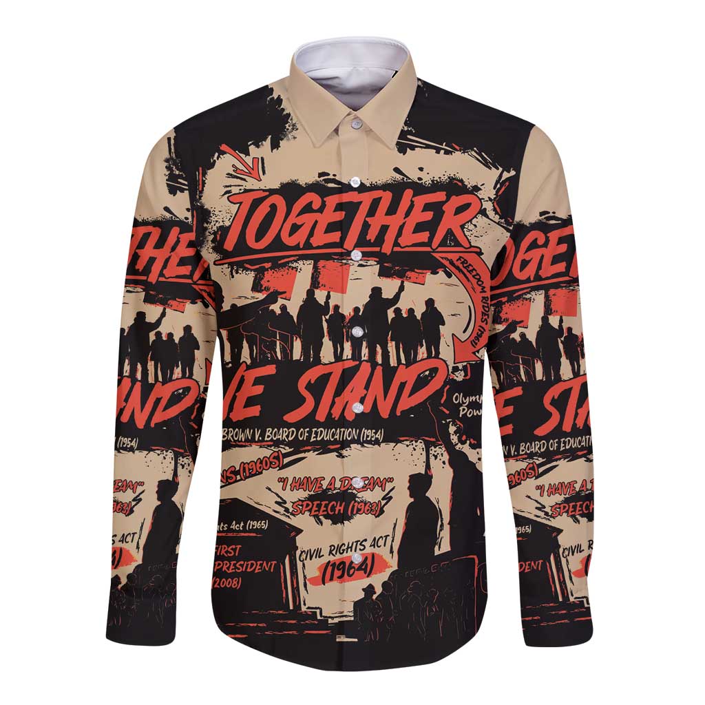 Long-sleeve button shirt with bold Together graphic, beige front and black sleeves