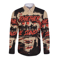 Long-sleeve button shirt with bold Together graphic, beige front and black sleeves