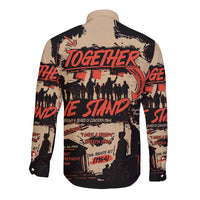 Long-sleeve button shirt back with large Together graphic, beige and black