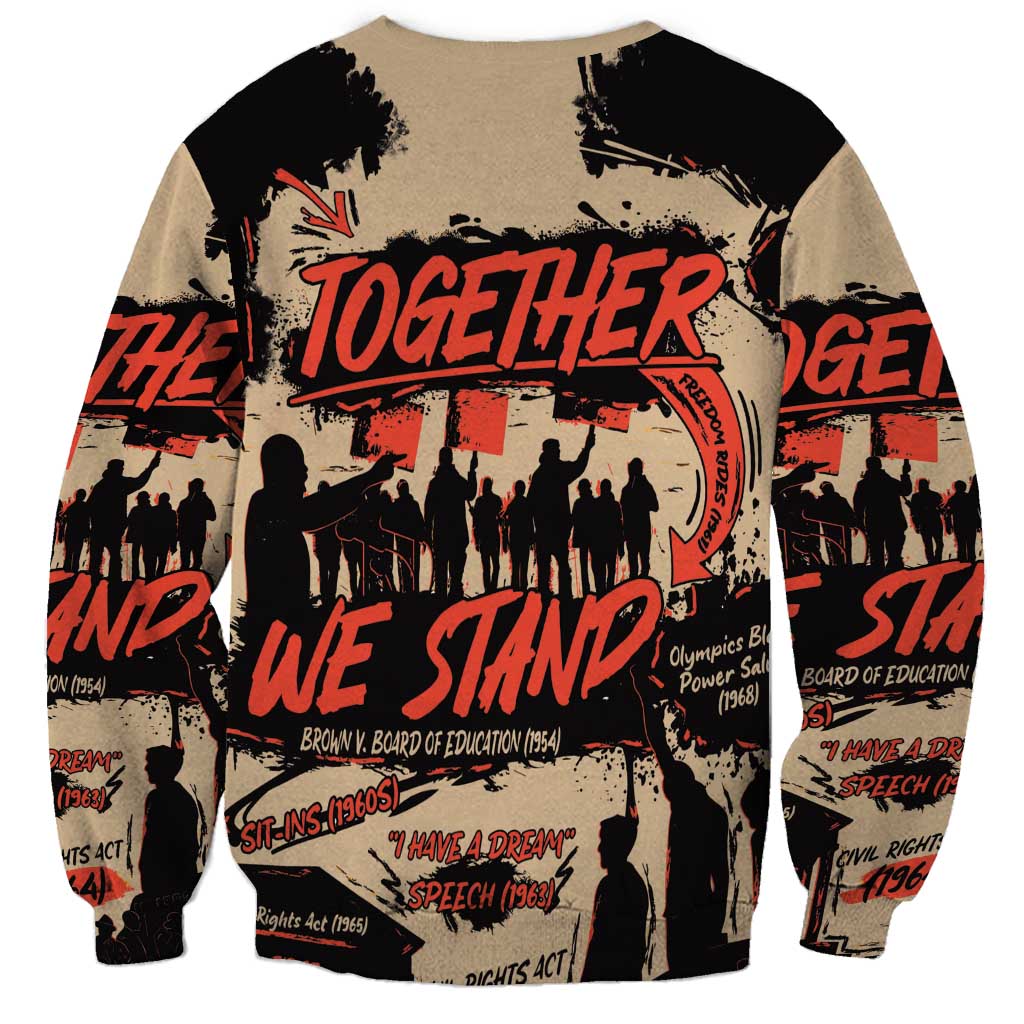 Unisex black and tan sweatshirt with back Together graphic, circular stamps and silhouettes
