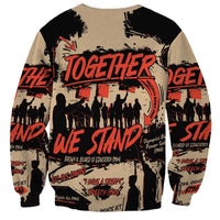 Unisex black and tan sweatshirt with back Together graphic, circular stamps and silhouettes