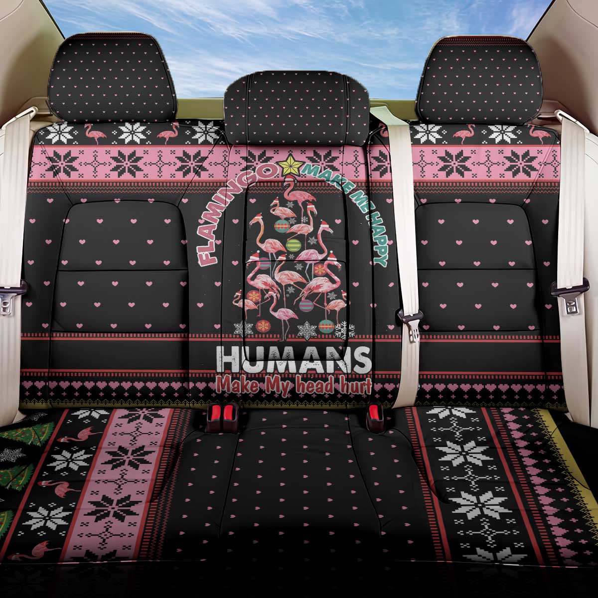 Flamingo Make Me Happy Christmas Tree Back Car Seat Cover Human Make My Head Hurt - Wonder Print Shop