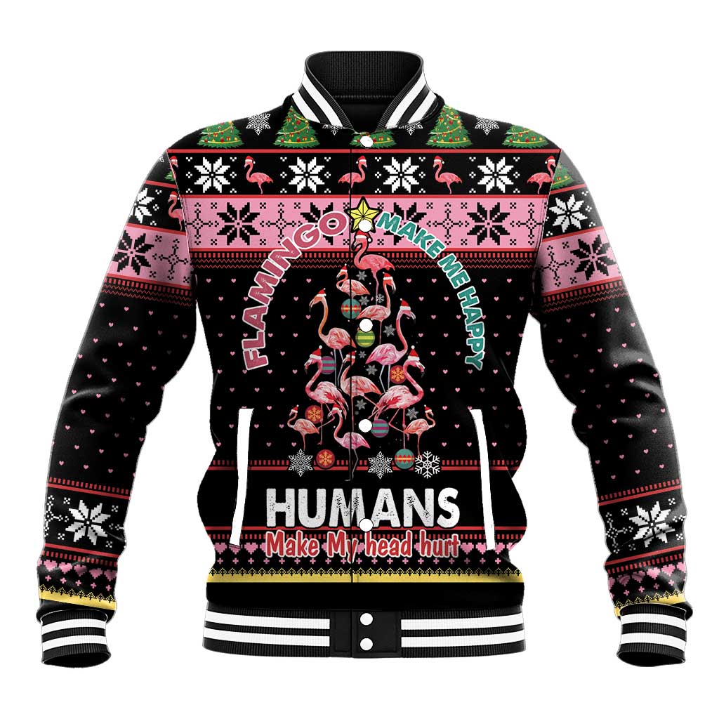 Black unisex baseball jacket with flamingo holiday graphic and striped ribbed collar