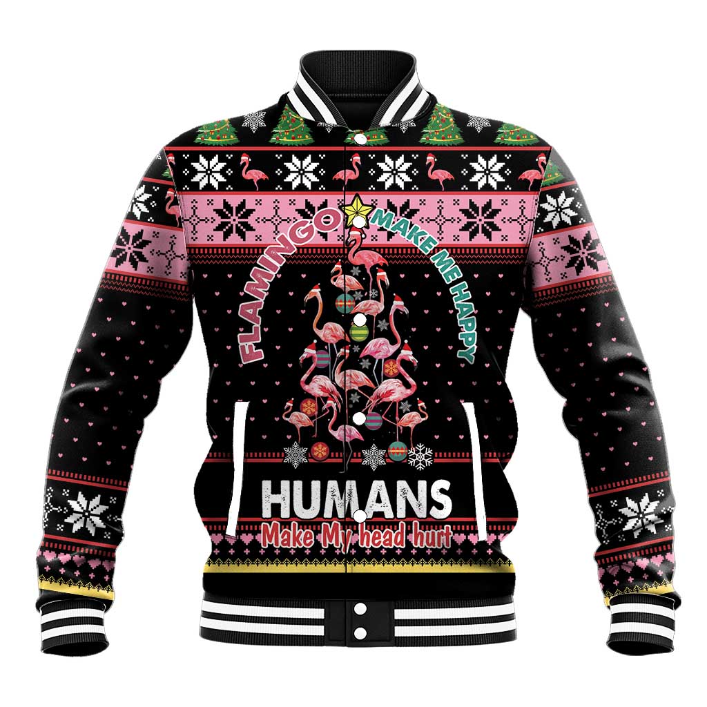 Flamingo Make Me Happy Christmas Tree Baseball Jacket Human Make My Head Hurt - Wonder Print Shop