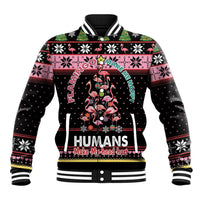 Black unisex baseball jacket with flamingo holiday graphic and striped ribbed collar