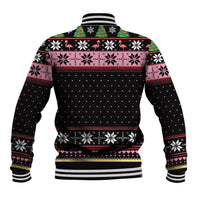 Black unisex baseball jacket with holiday knit pattern, flamingos, and ribbed hem