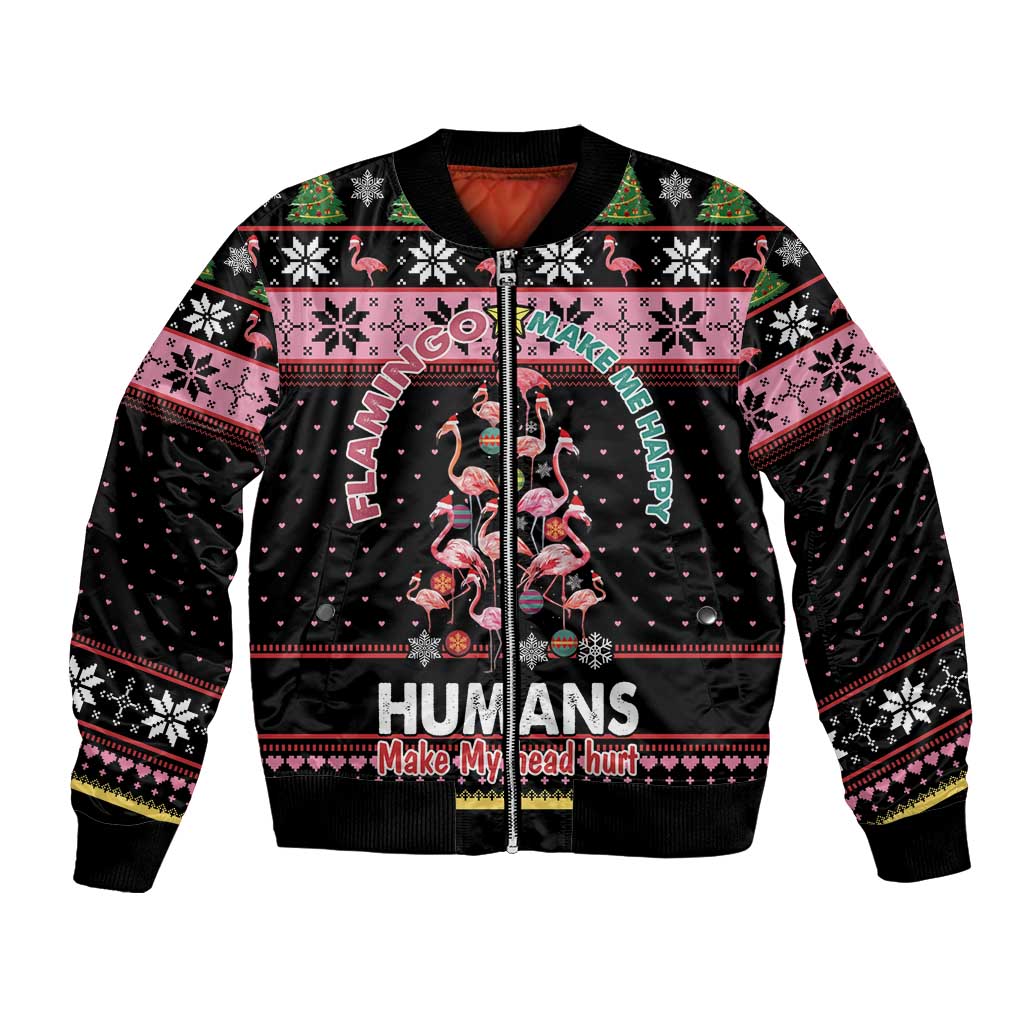 Unisex black bomber jacket with flamingo and Christmas sweater graphic, front zip