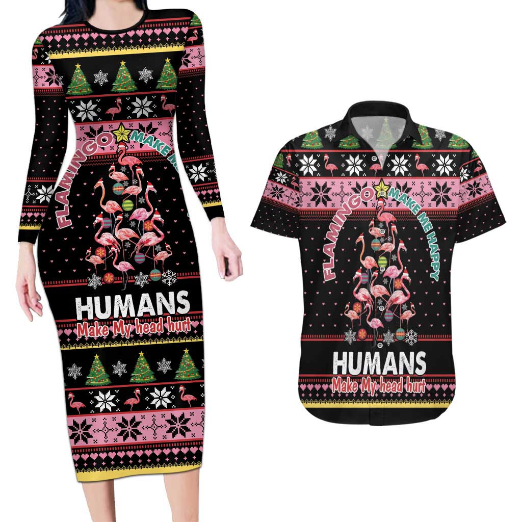 Flamingo Make Me Happy Christmas Tree Couples Matching Long Sleeve Bodycon Dress and Hawaiian Shirt Human Make My Head Hurt - Wonder Print Shop