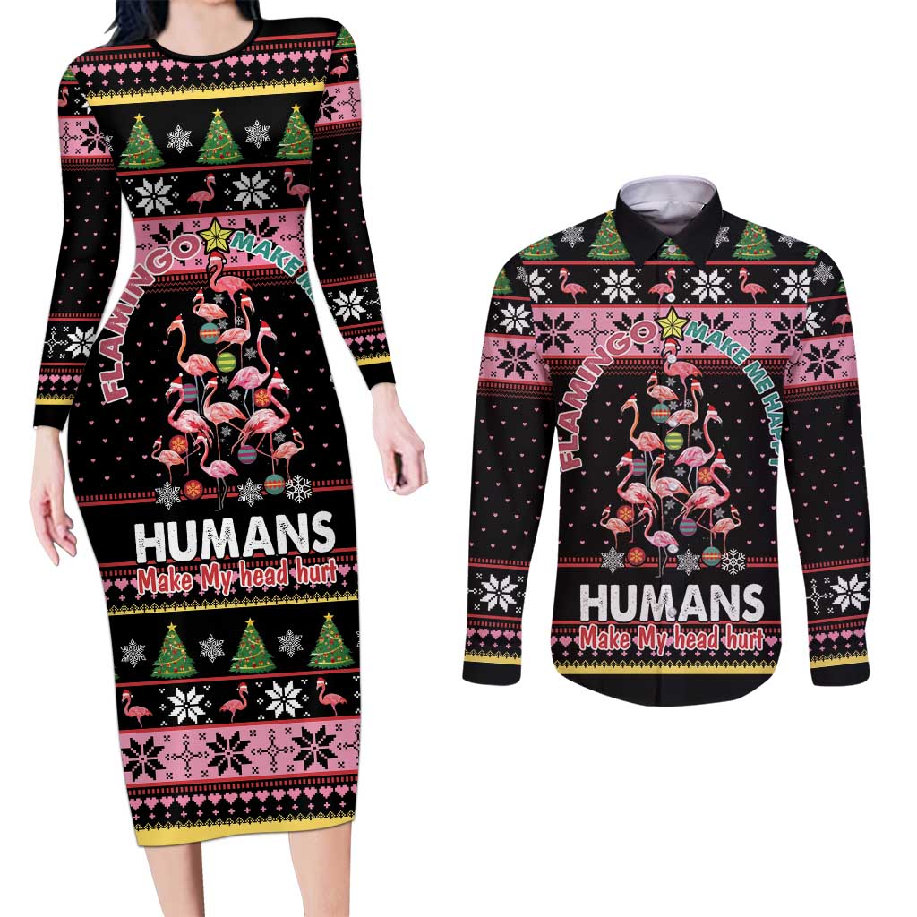 Flamingo Make Me Happy Christmas Tree Couples Matching Long Sleeve Bodycon Dress and Long Sleeve Button Shirt Human Make My Head Hurt - Wonder Print Shop