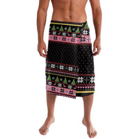 Black knee-length skirt with colorful holiday border, pink green stripes, snowflake pattern