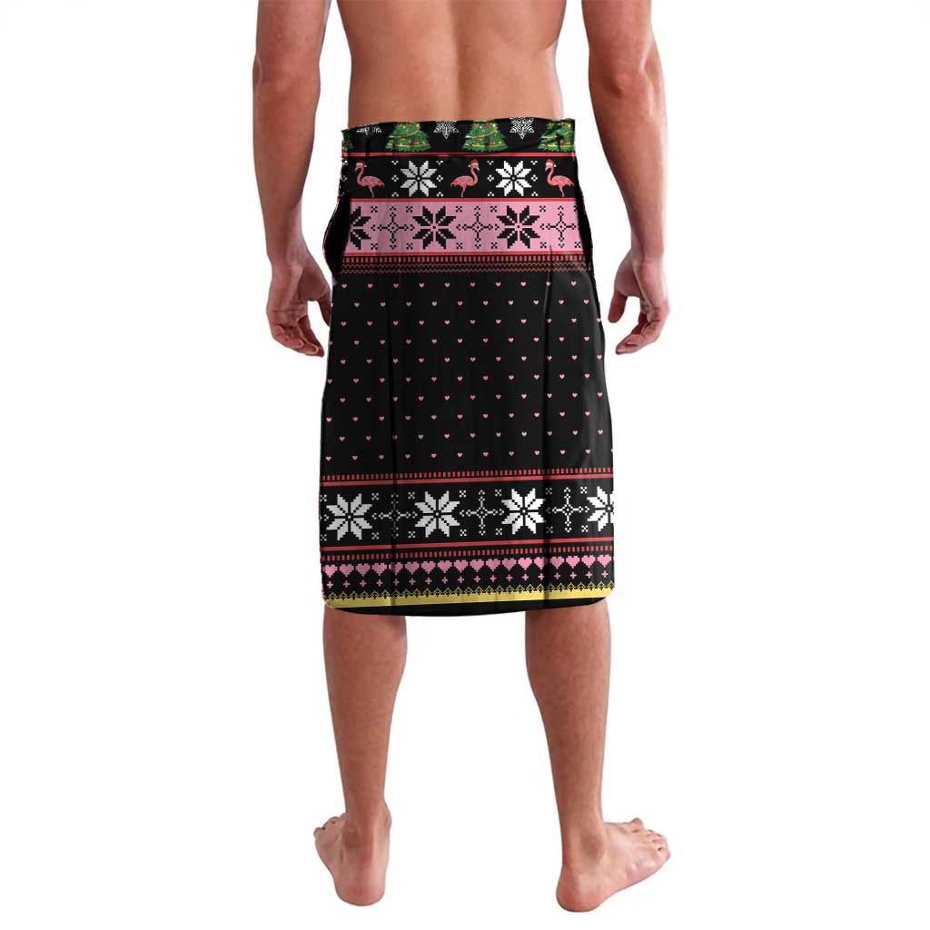 Black knee-length skirt with pink green holiday stripe and snowflake accents