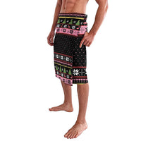 Black knee-length skirt with pink green holiday stripe panel and snowflake motifs
