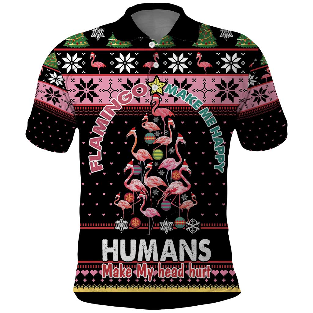 Flamingo Make Me Happy Christmas Tree Polo Shirt Human Make My Head Hurt