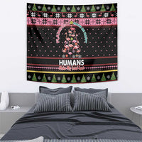 Black flamingo Christmas tapestry with 'HUMANS' and 'Make My Head Hurt' text