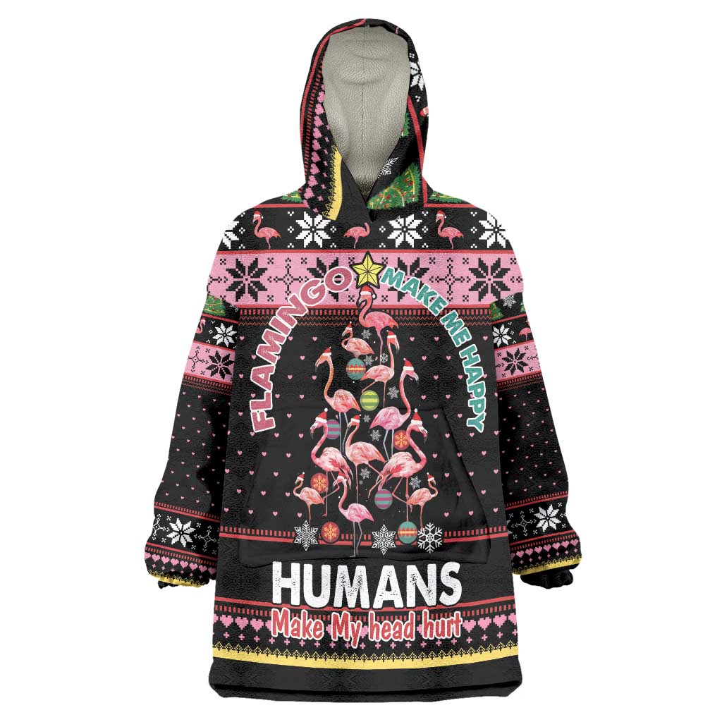 Flamingo Make Me Happy Christmas Tree Wearable Blanket Hoodie Human Make My Head Hurt