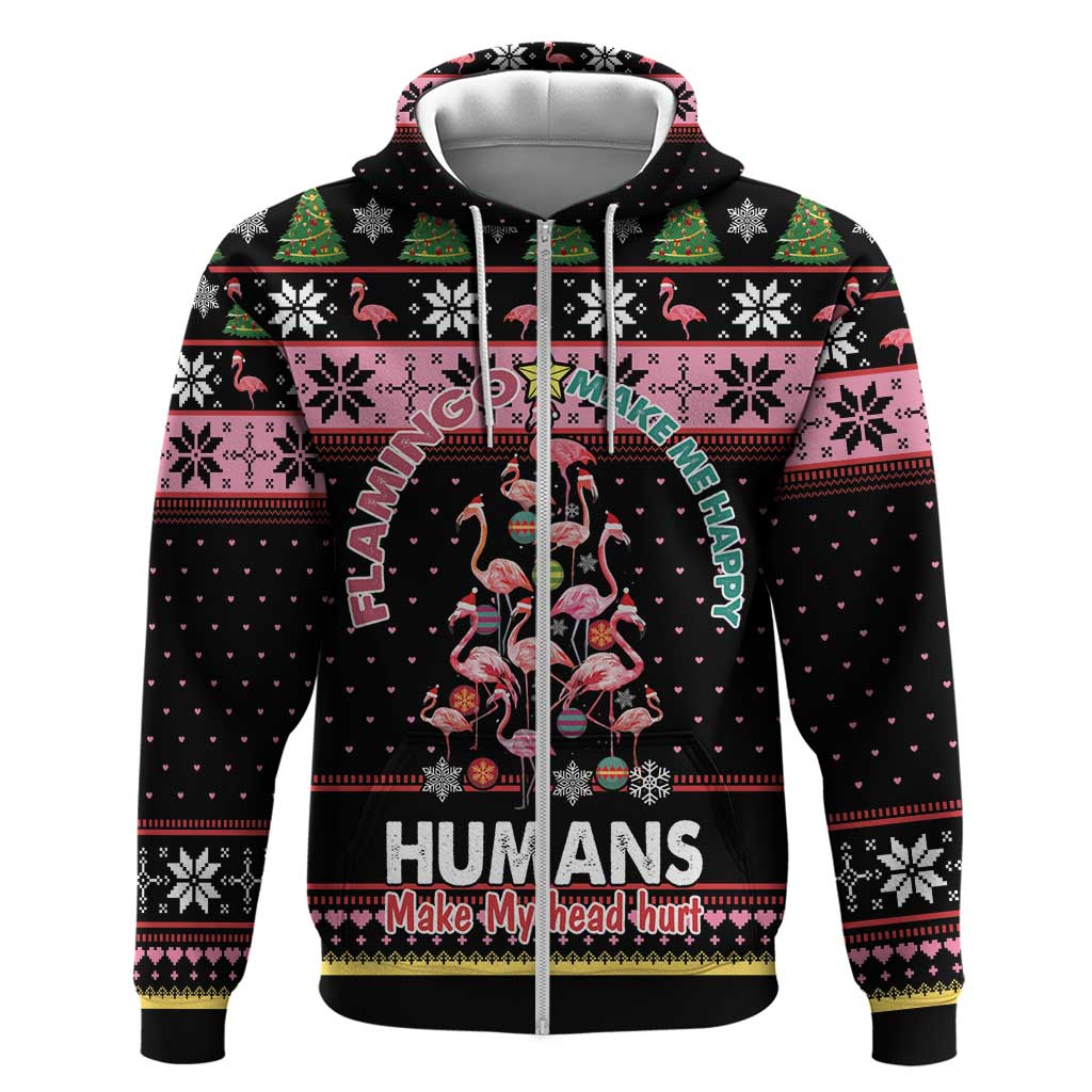 Flamingo Make Me Happy Christmas Tree Zip Hoodie Human Make My Head Hurt - Wonder Print Shop