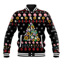 Black baseball jacket with festive holiday graphics, ribbed striped collar and cuffs