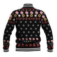 Black varsity jacket with peace signs, Christmas trees and flowers, striped ribbed hem