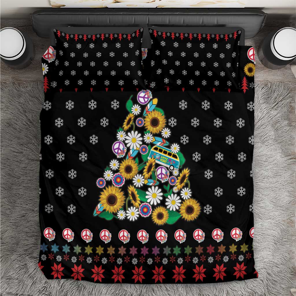 Black Christmas bedding set with peace signs, flowers, trees, and snowflake patterns.